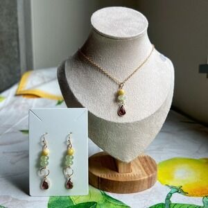 Amber Yellow & Light Green Jade Mini Hoop Teardrop Casual Boho Jewelry Set
